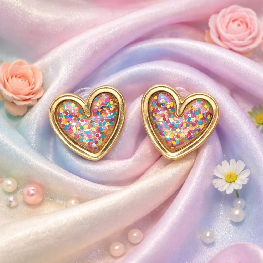 Confetti Heart Stud Earrings Gold Tone Multicolor Glitter Hypoallergenic Cute - Picture 12 of 12